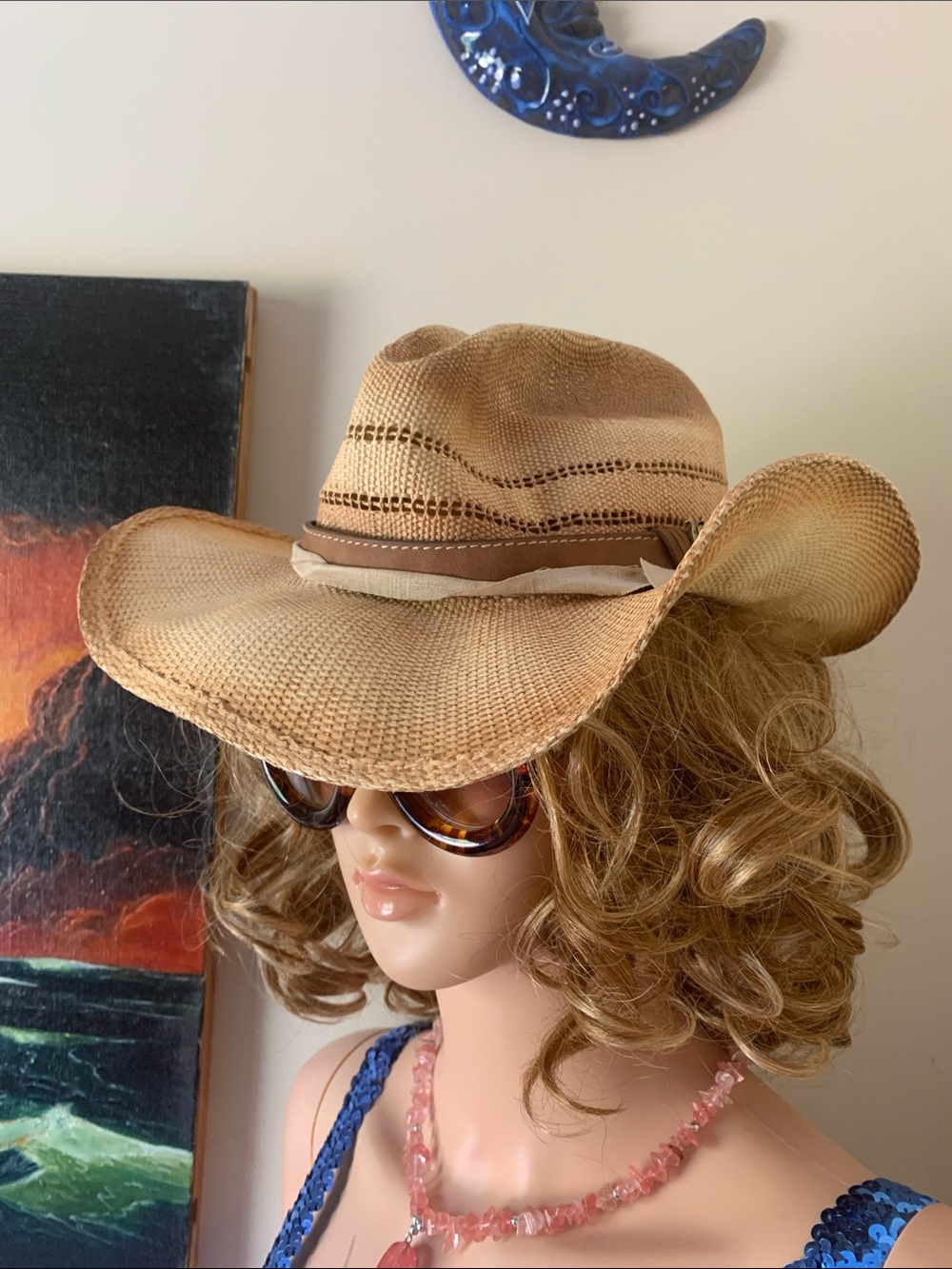Stetson Cream Straw Hat with Blue Trim - Picture 3 of 12